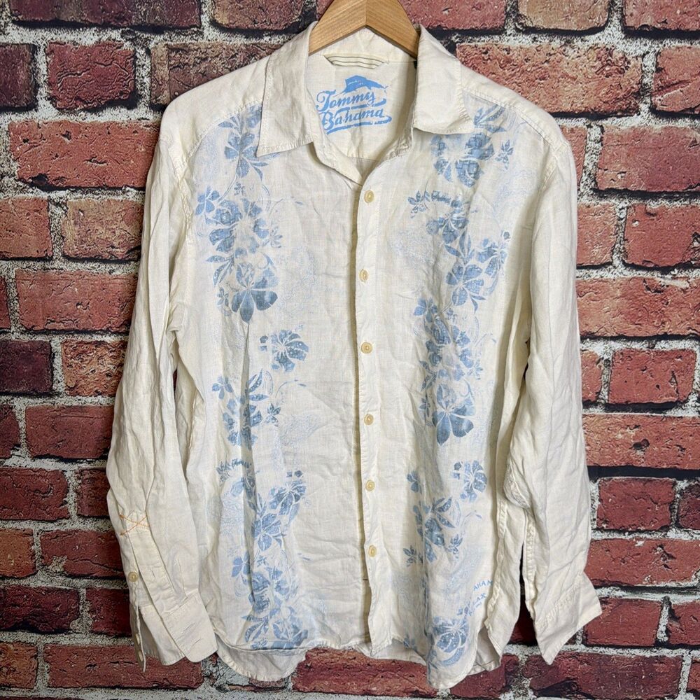 Tommy Bahama Button Down Men Medium White Linen Blend Bird of Paradise Floral